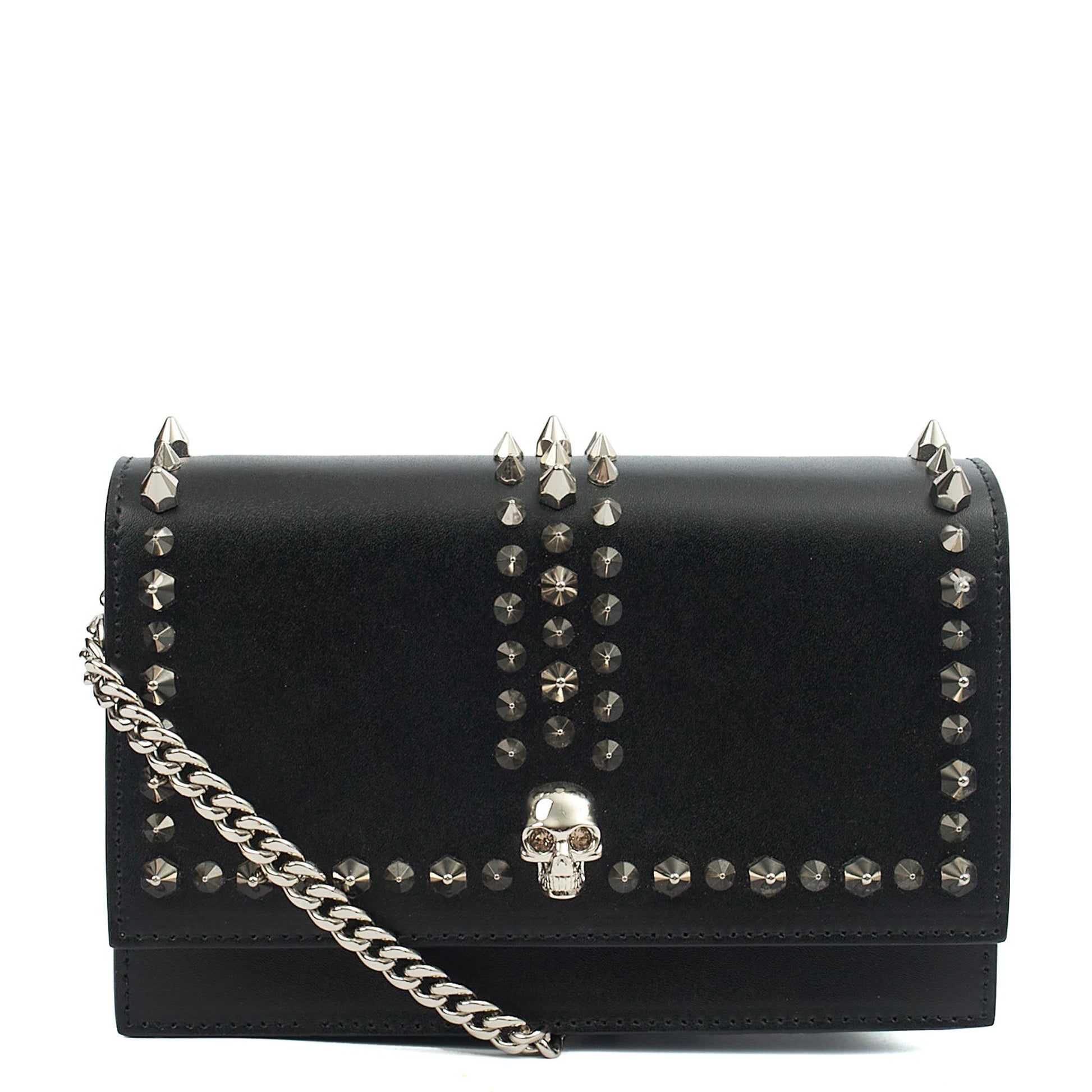 Alexander McQueen Cross Body Skull Lock Shoulder Bag - Small in Black, Leather — Front View
