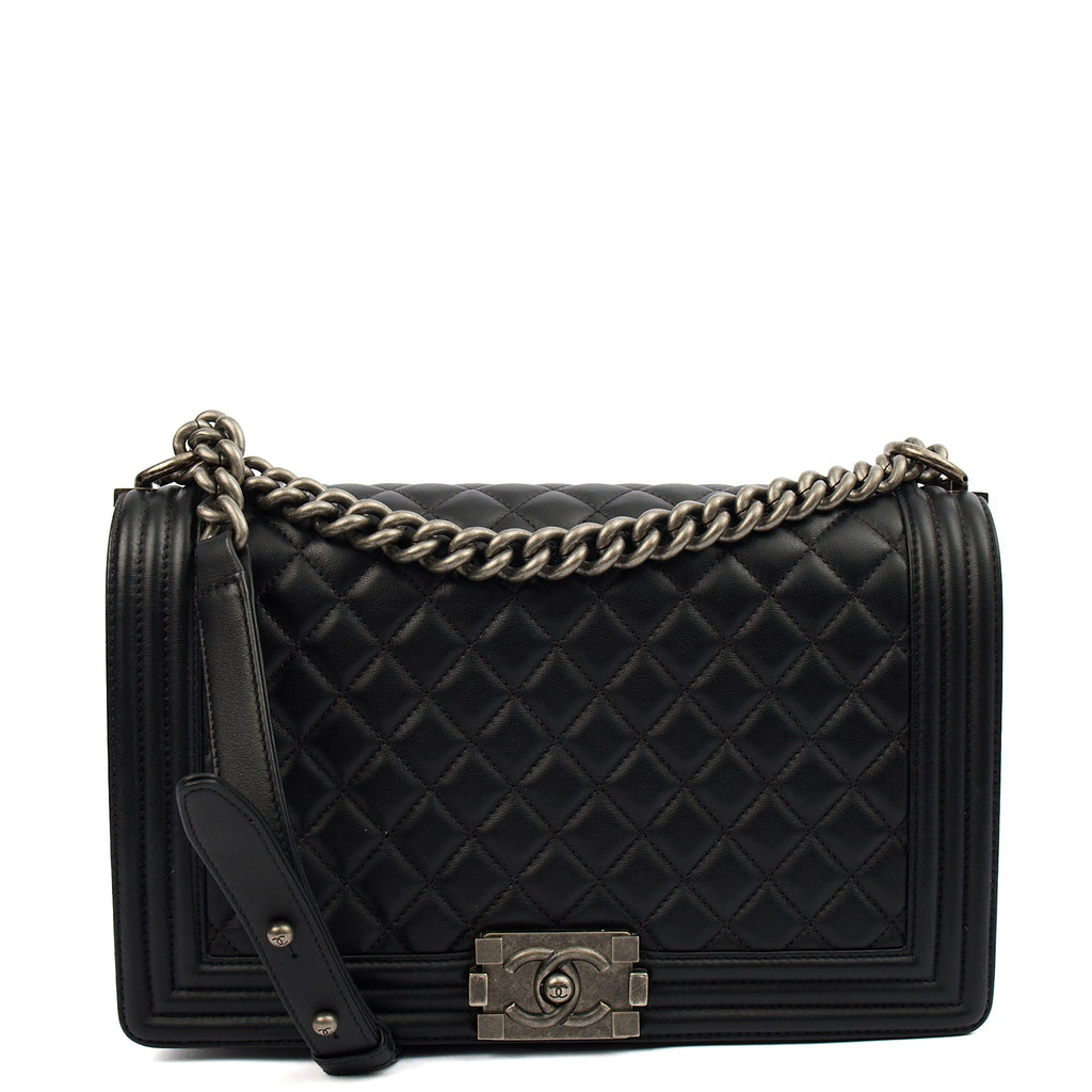 Chanel Shoulder Bag Boy - Large in Black, Lambskin Leather — Front View