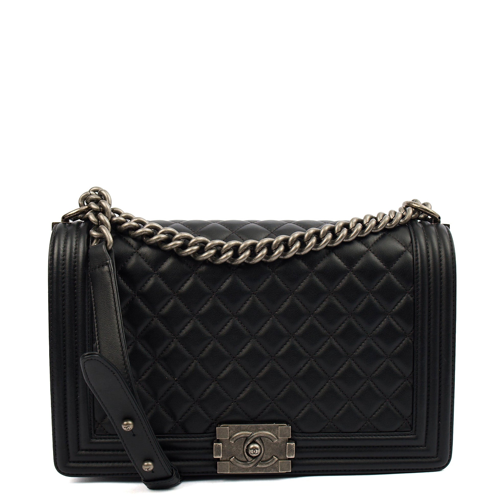 Chanel Shoulder Bag Boy - Large in Black, Lambskin Leather — Front View