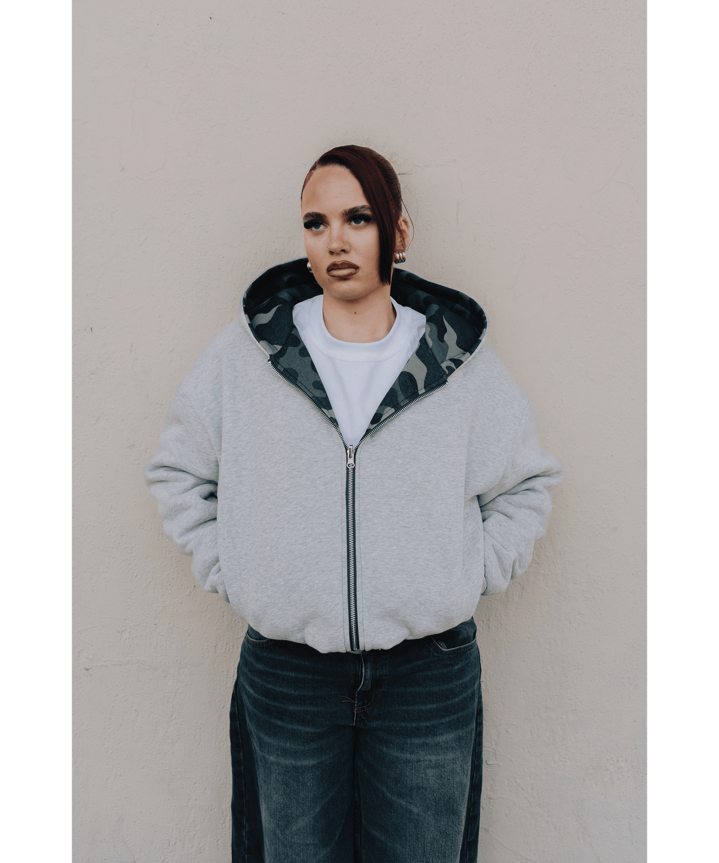 KAIZEN MARKET CAMO/GREY REVERSIBLE ZIP HOODIE — XS — Top View