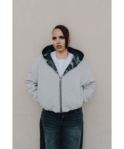 KAIZEN MARKET CAMO/GREY REVERSIBLE ZIP HOODIE — XS — Top View