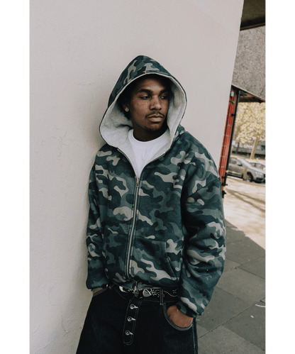 KAIZEN MARKET CAMO/GREY REVERSIBLE ZIP HOODIE — XS — Detail View