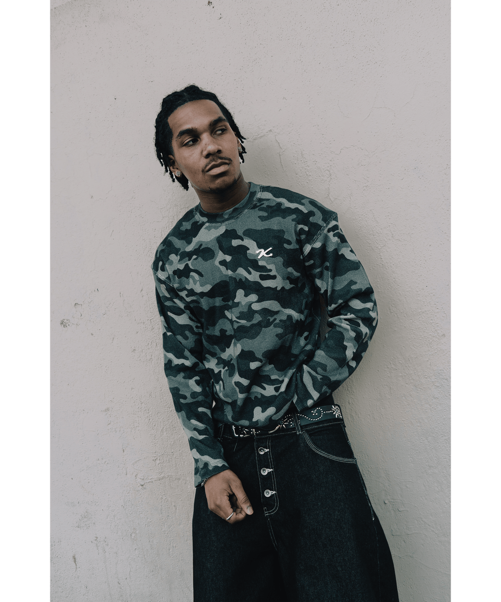 KAIZEN MARKET CAMO WAFFLE LONGSLEEVE — XS — Top View