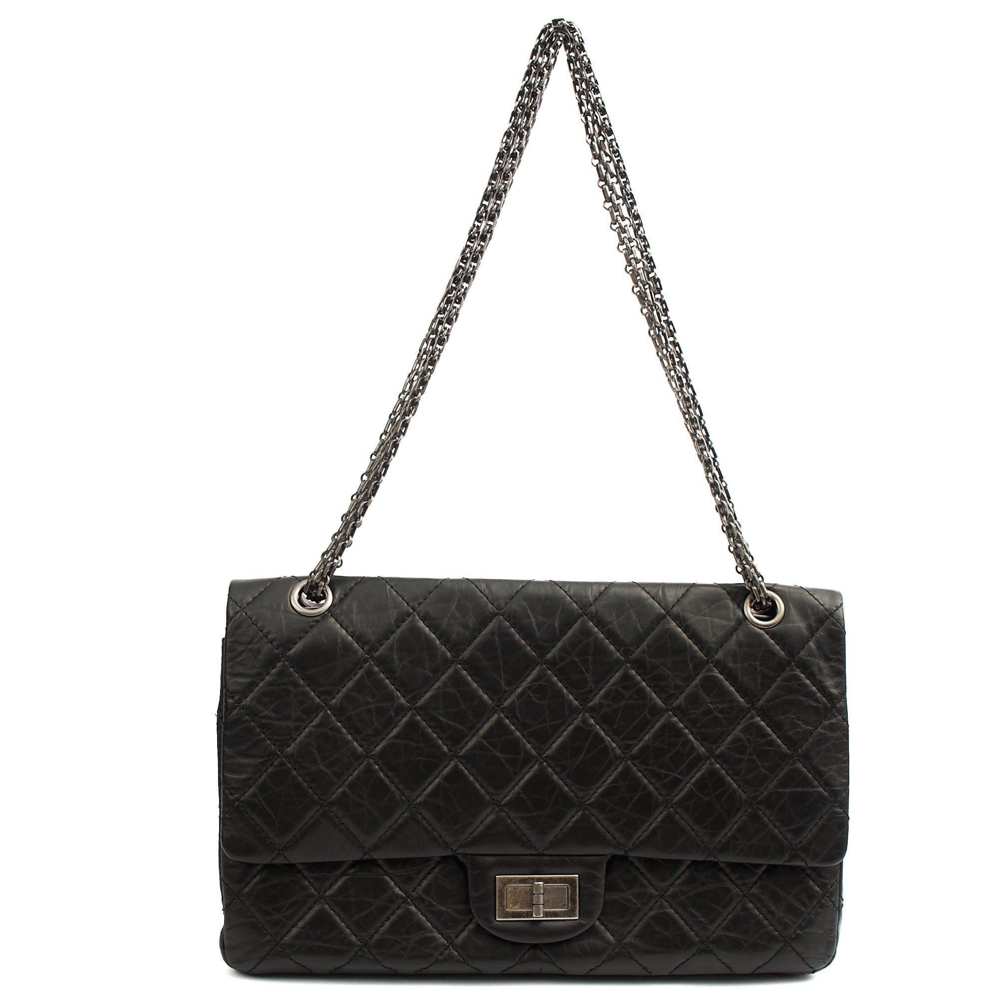 Chanel Shoulder Bag 2.55 Reissue - Maxi in Black, Crinkled Calfskin Leather — Detail View
