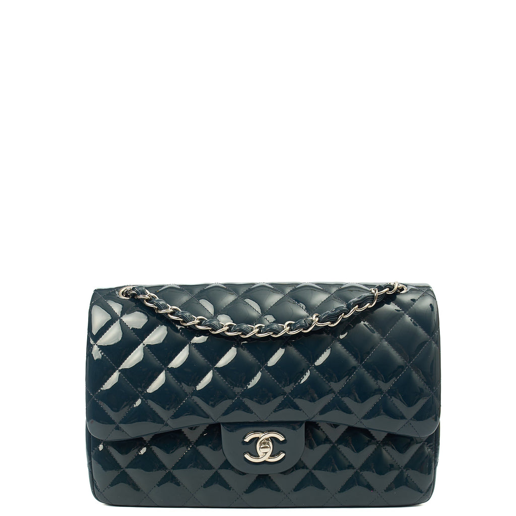 Chanel Shoulder Bag Classic Double Flap - Large in Blue, Patent Leather — Front View
