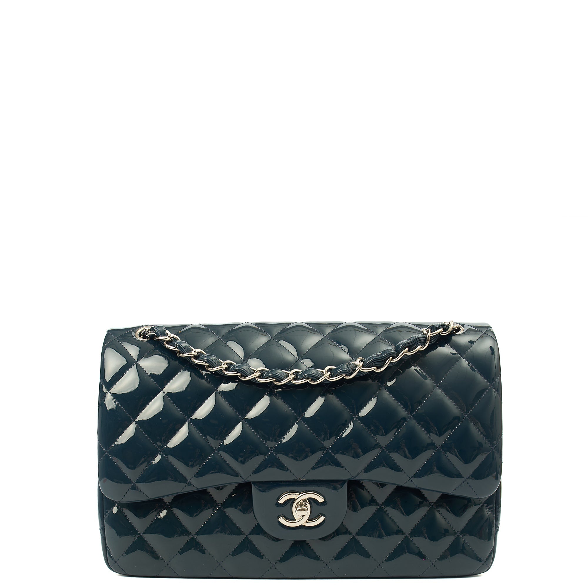 Chanel Shoulder Bag Classic Double Flap - Large in Blue, Patent Leather — Front View