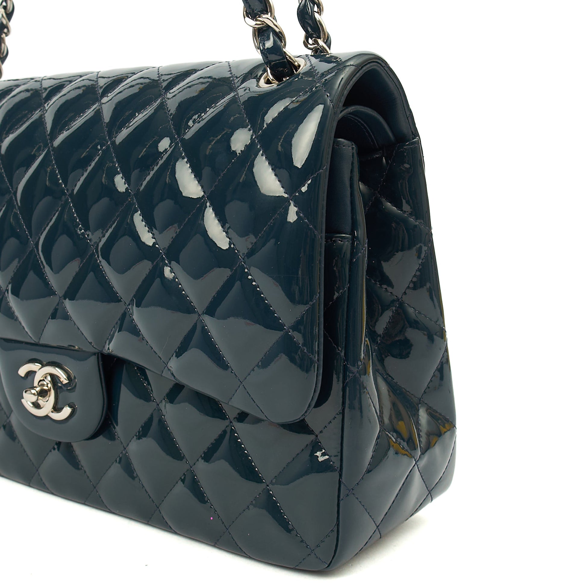 Chanel Shoulder Bag Classic Double Flap - Large in Blue, Patent Leather — Alternate View 18