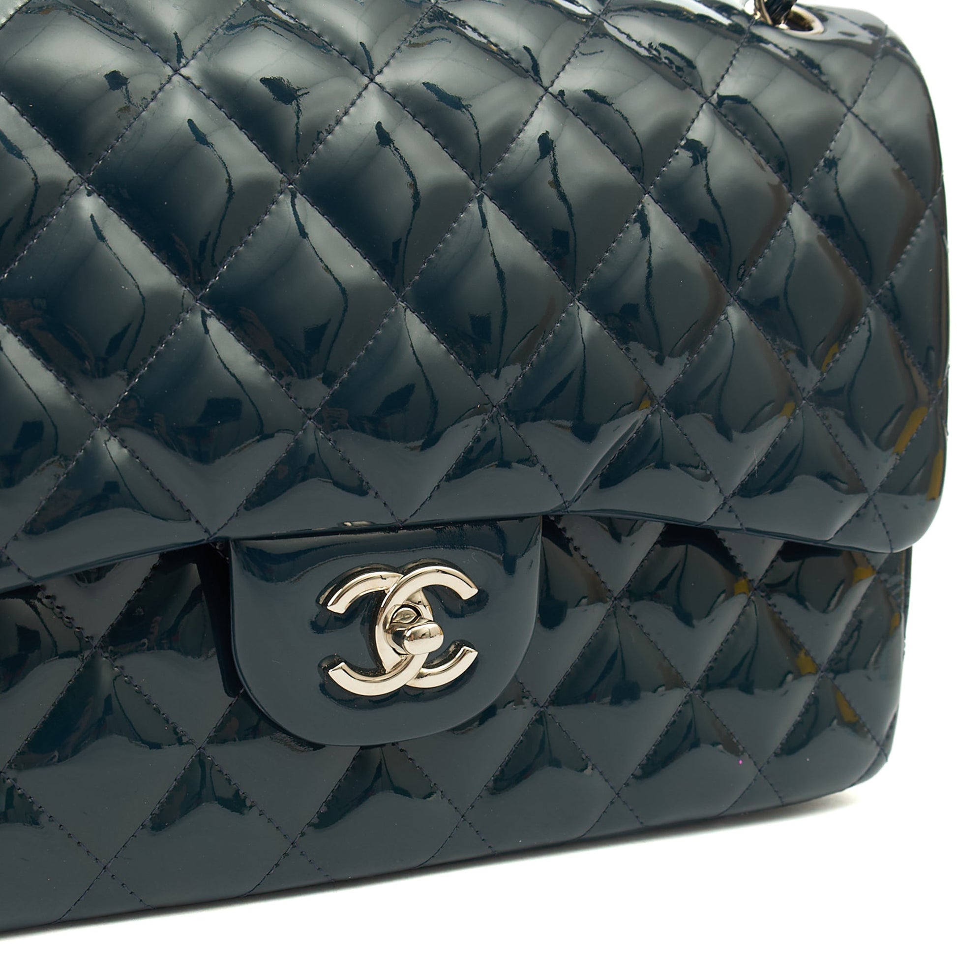 Chanel Shoulder Bag Classic Double Flap - Large in Blue, Patent Leather — Lifestyle View