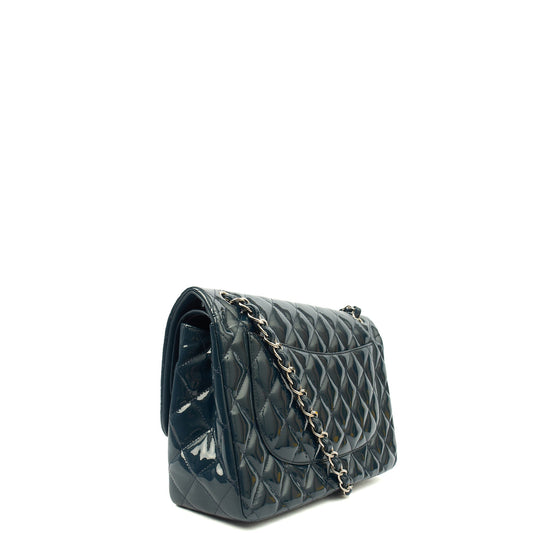 Chanel Shoulder Bag Classic Double Flap - Large in Blue, Patent Leather — Side View