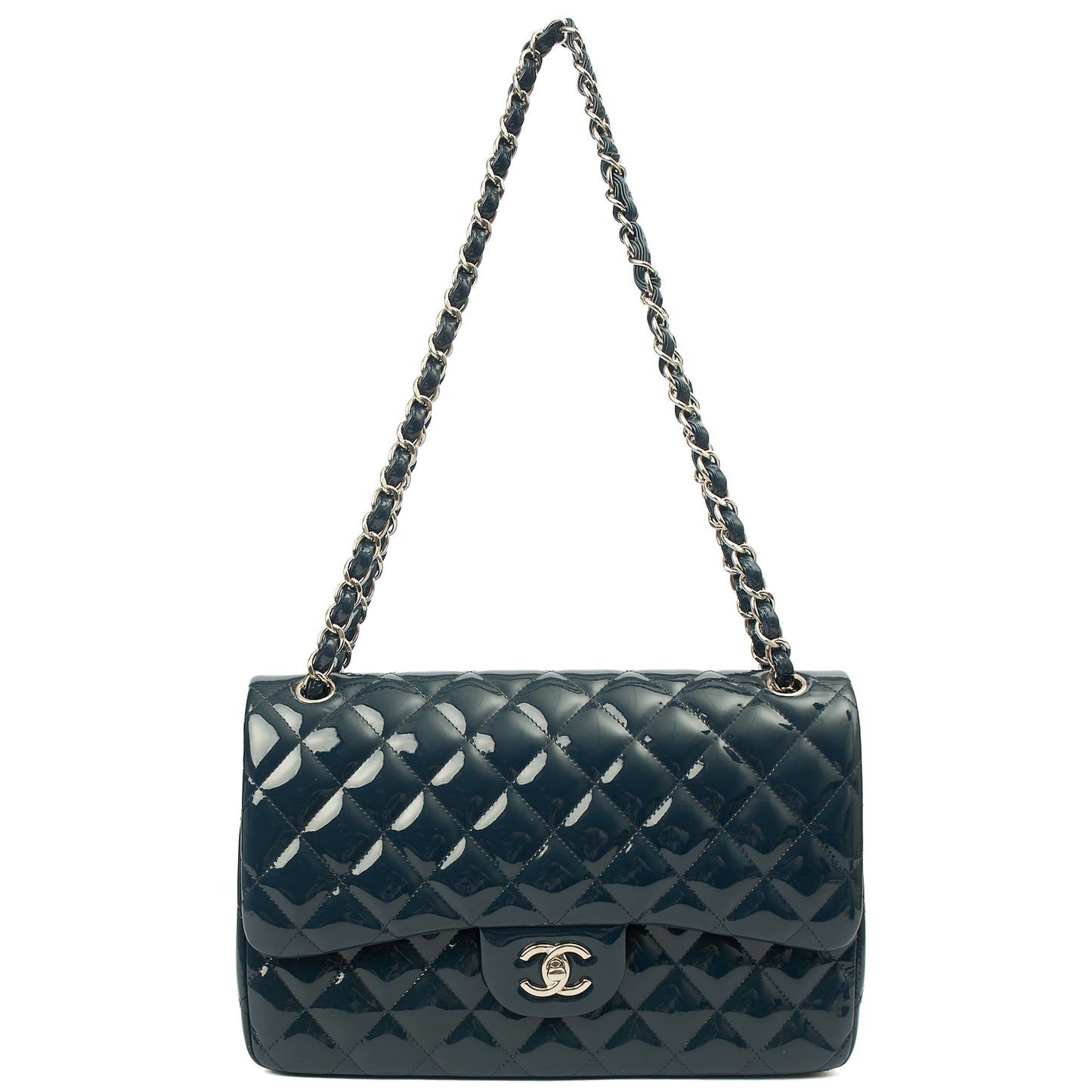 Chanel Shoulder Bag Classic Double Flap - Large in Blue, Patent Leather — Detail View