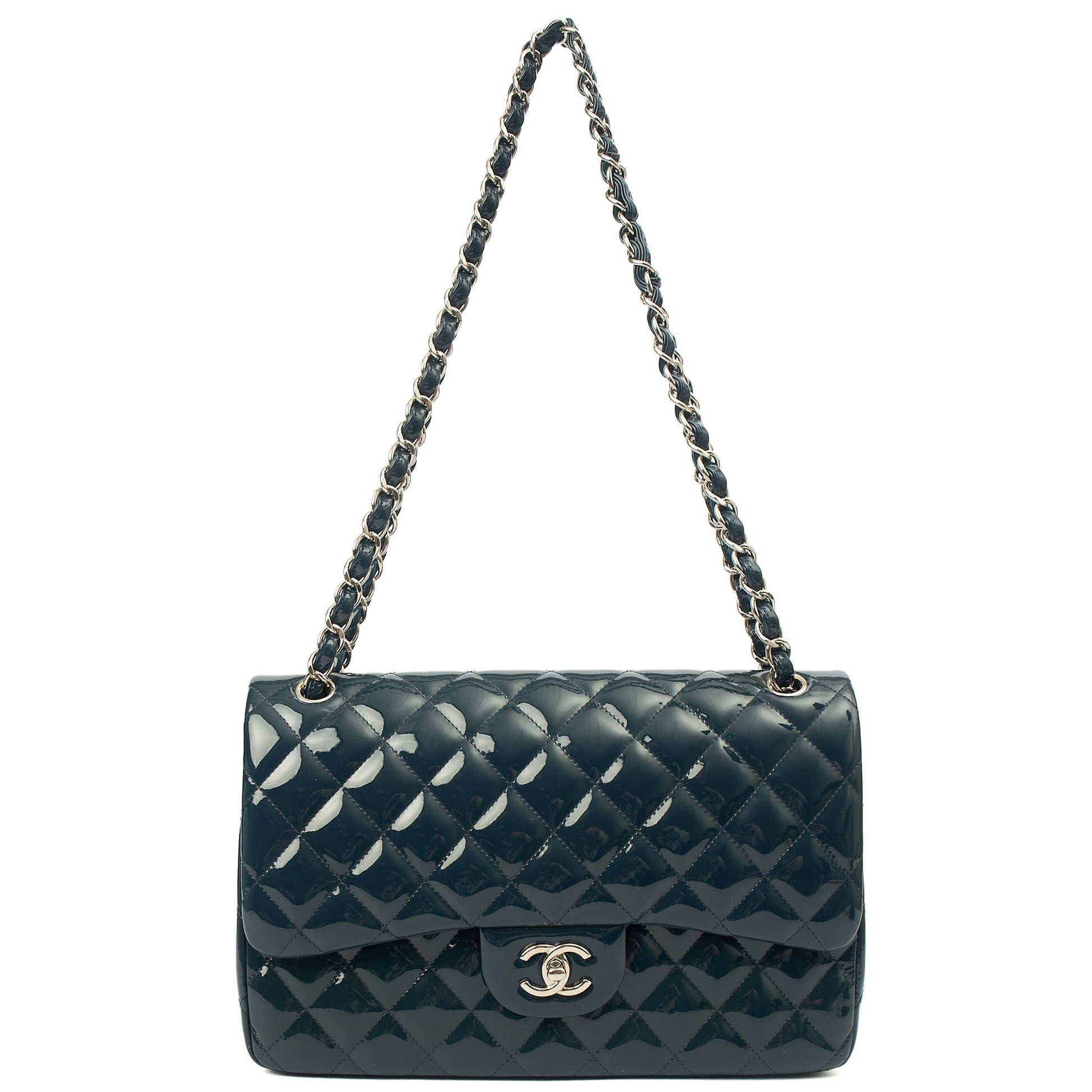 Chanel Shoulder Bag Classic Double Flap - Large in Blue, Patent Leather — Alternate View 16