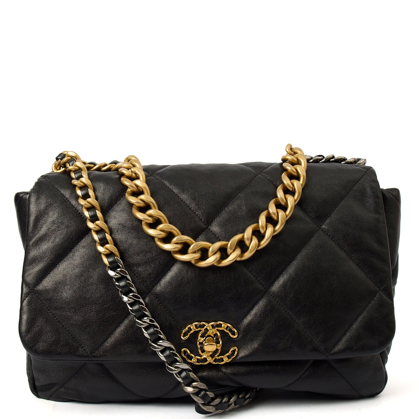 Chanel Shoulder Bag Chanel 19 Maxi in Black, Calfskin Leather — Front View