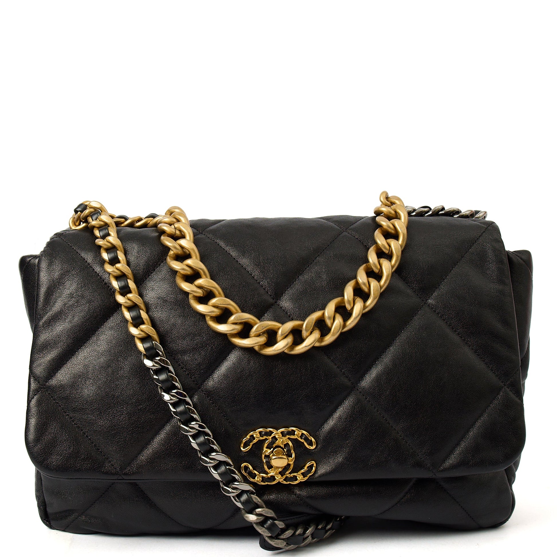Chanel Shoulder Bag Chanel 19 Maxi in Black, Calfskin Leather — Front View
