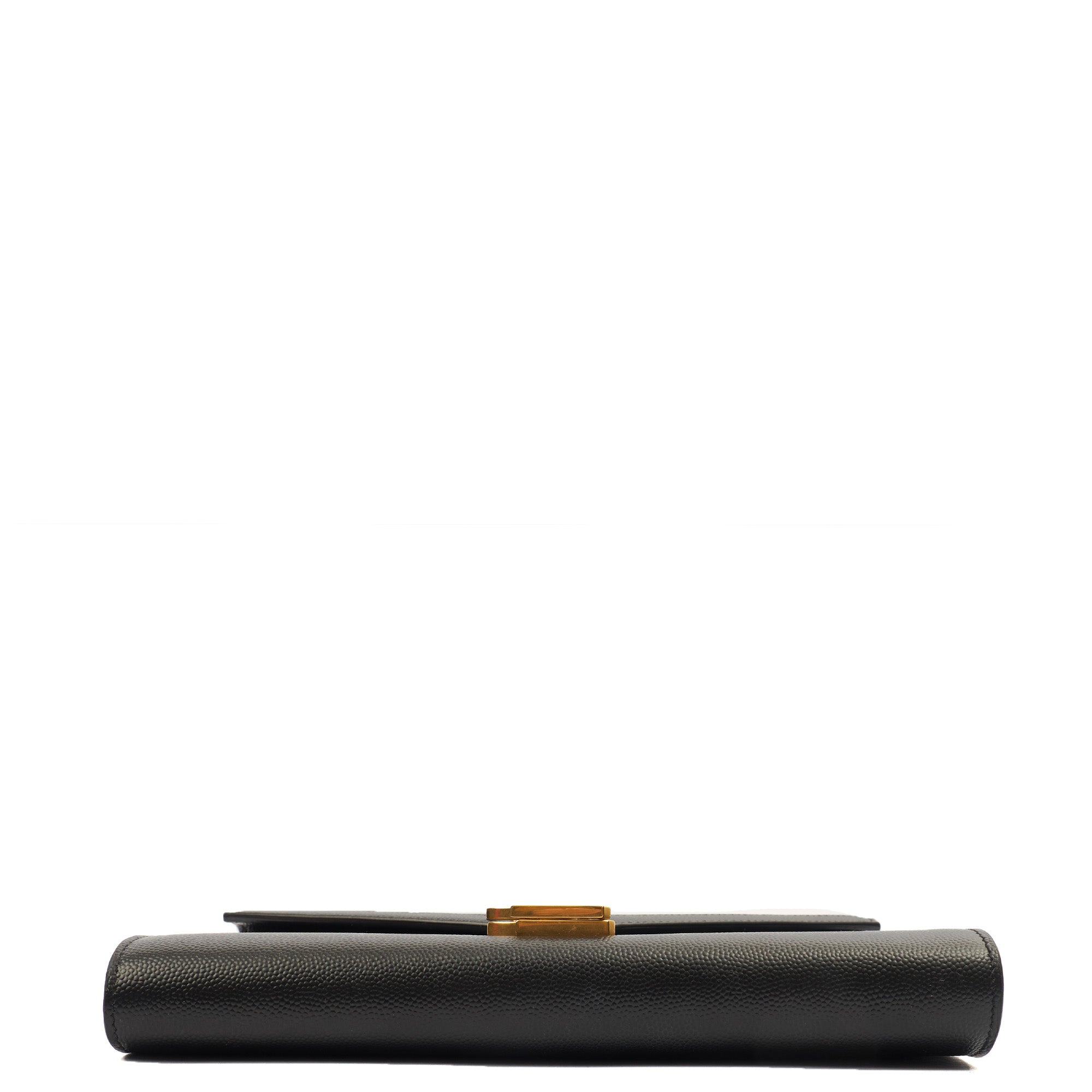 Saint Laurent Cross Body Cassandre Chain Flap Bag in Black, Calfskin Leather — Detail View