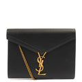 Saint Laurent Cross Body Cassandre Chain Flap Bag in Black, Calfskin Leather — Front View