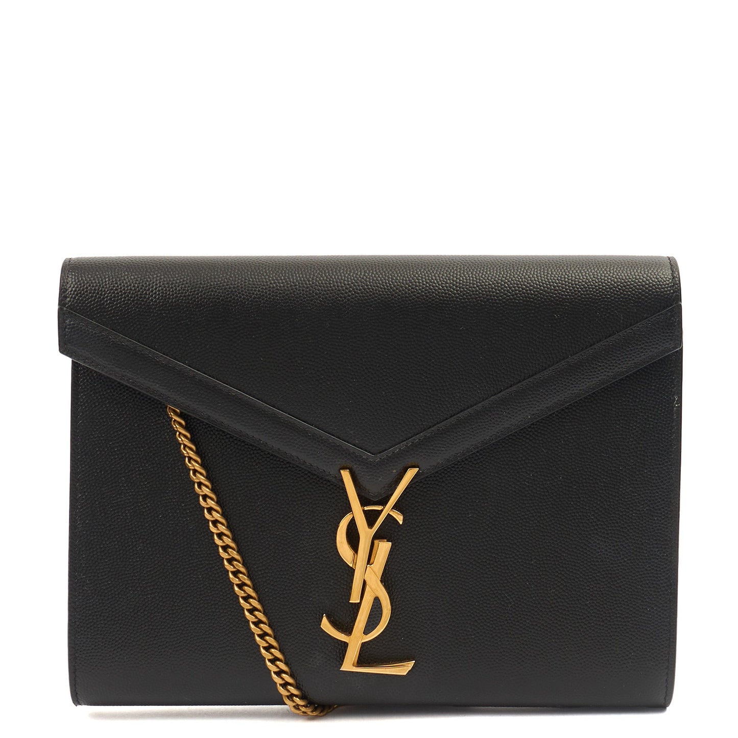Saint Laurent Cross Body Cassandre Chain Flap Bag in Black, Calfskin Leather — Front View