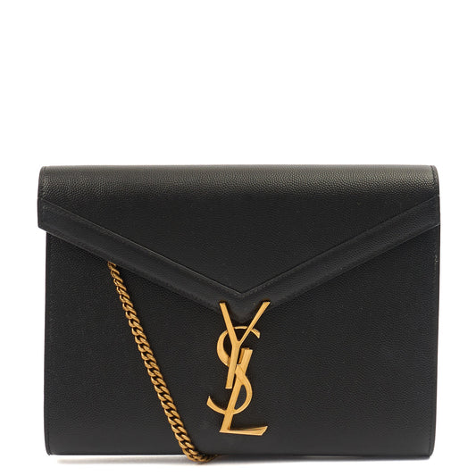 Saint Laurent Cross Body Cassandre Chain Flap Bag in Black, Calfskin Leather — Front View