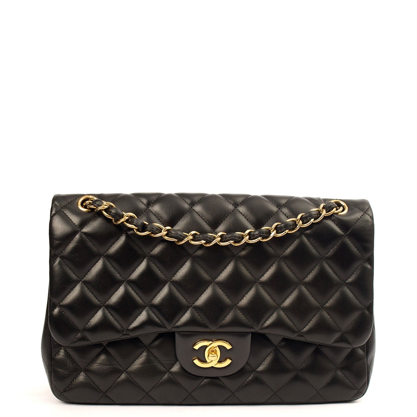Chanel Shoulder Bag Classic Double Flap - Large in Black, Lambskin Leather — Front View