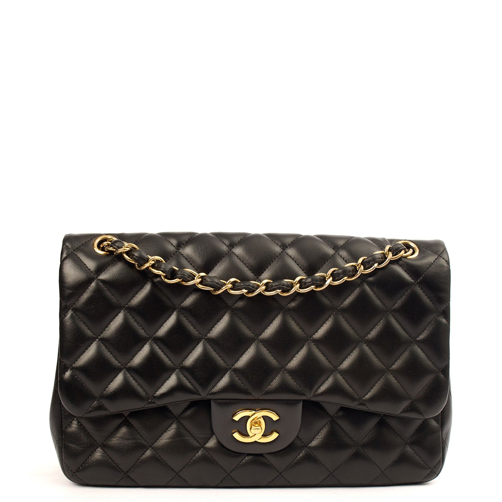 Chanel Shoulder Bag Classic Double Flap - Large in Black, Lambskin Leather — Front View