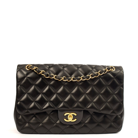 Chanel Shoulder Bag Classic Double Flap - Large in Black, Lambskin Leather — Front View