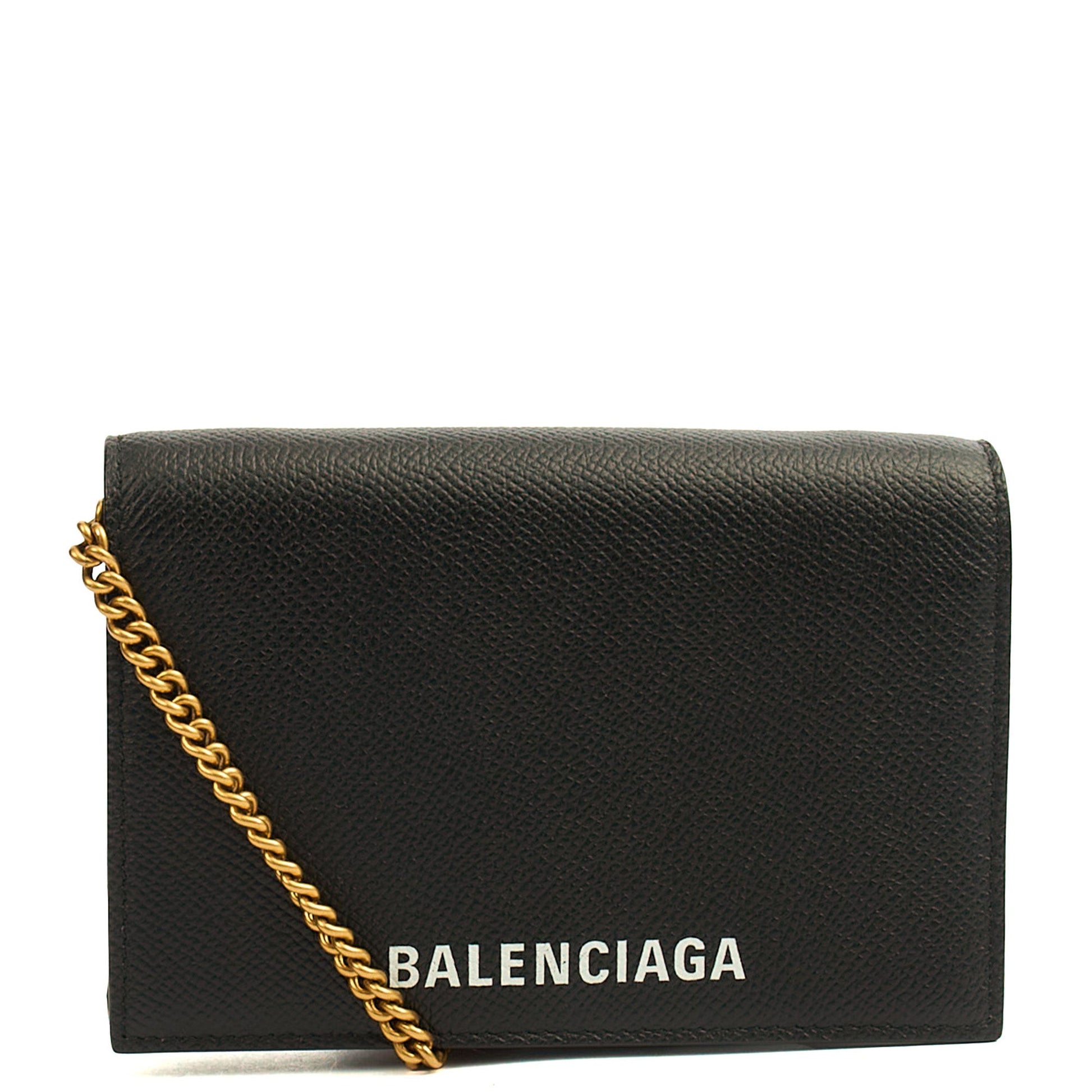 Balenciaga Cross Body Gossip Wallet On Chain in Black, Veau (Calfskin) — Front View