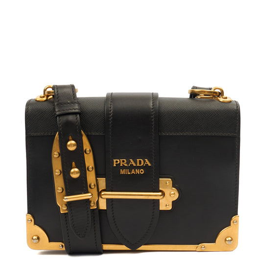 Prada Mini Bag Cahier Small in Black, Leather — Front View