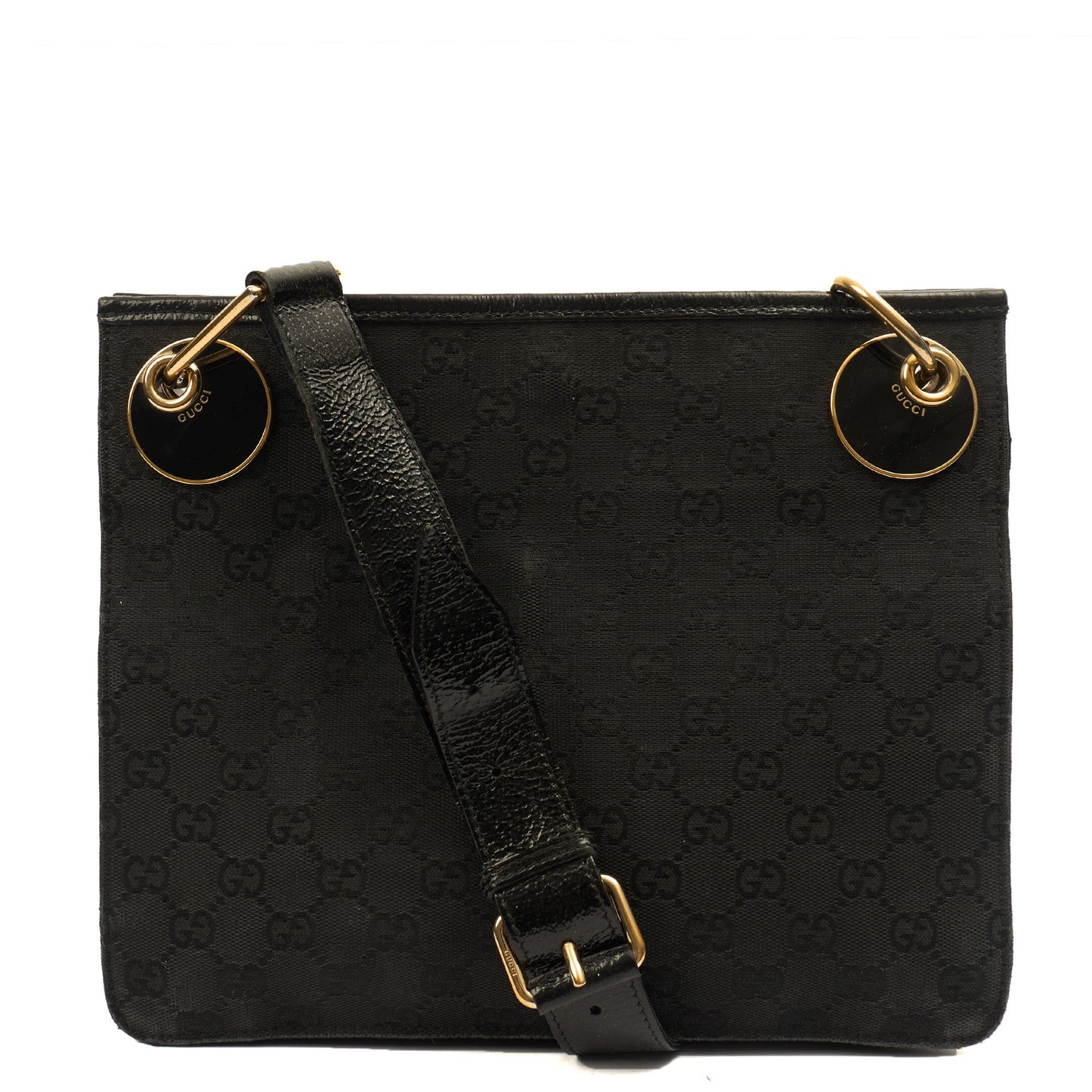Gucci Cross Body Vintage Shoulder Bag in Black, GG Canvas — Front View