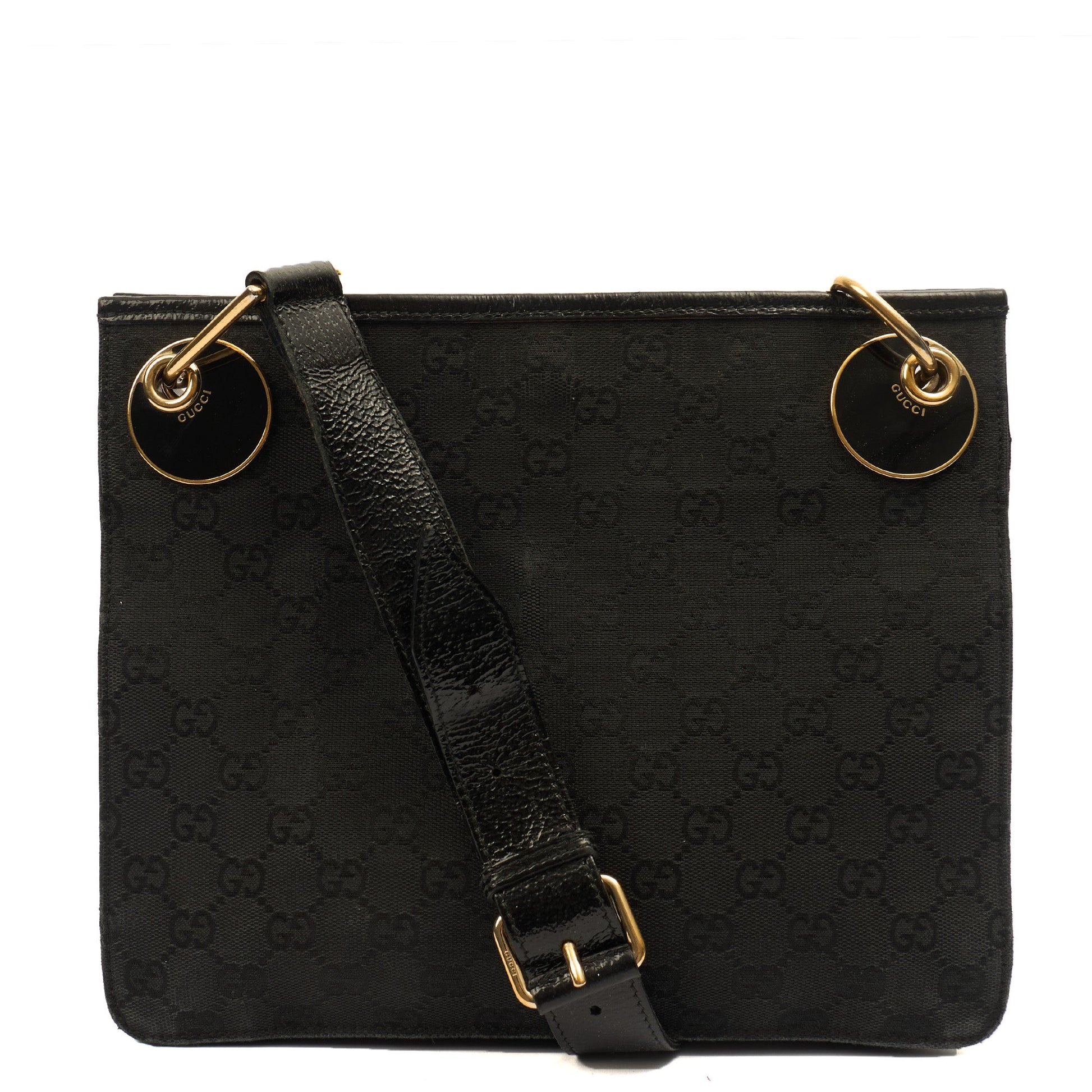 Gucci Cross Body Vintage Shoulder Bag in Black, GG Canvas — Front View