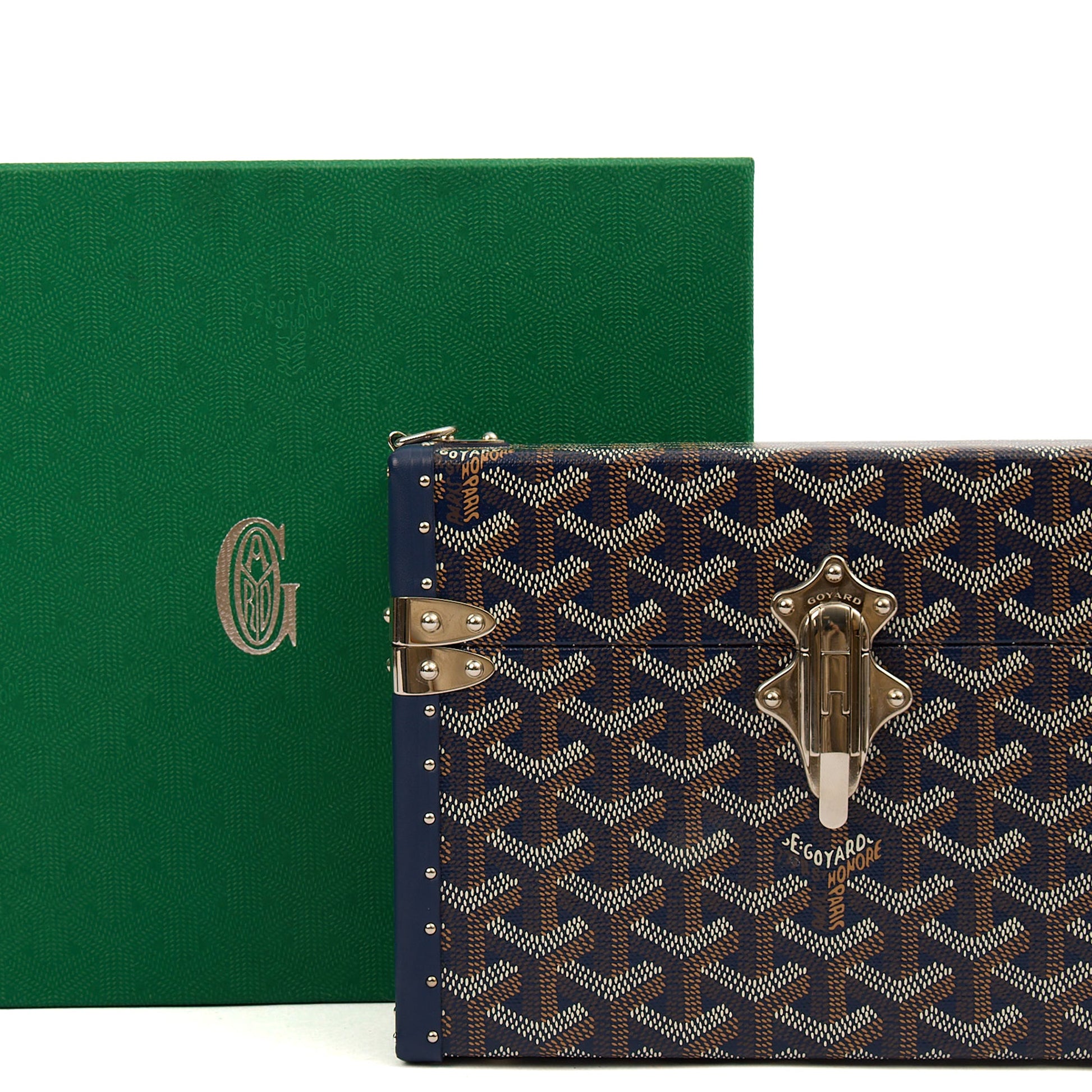 Goyard Cross Body Cassette Trunk in Navy, Leather — Side View