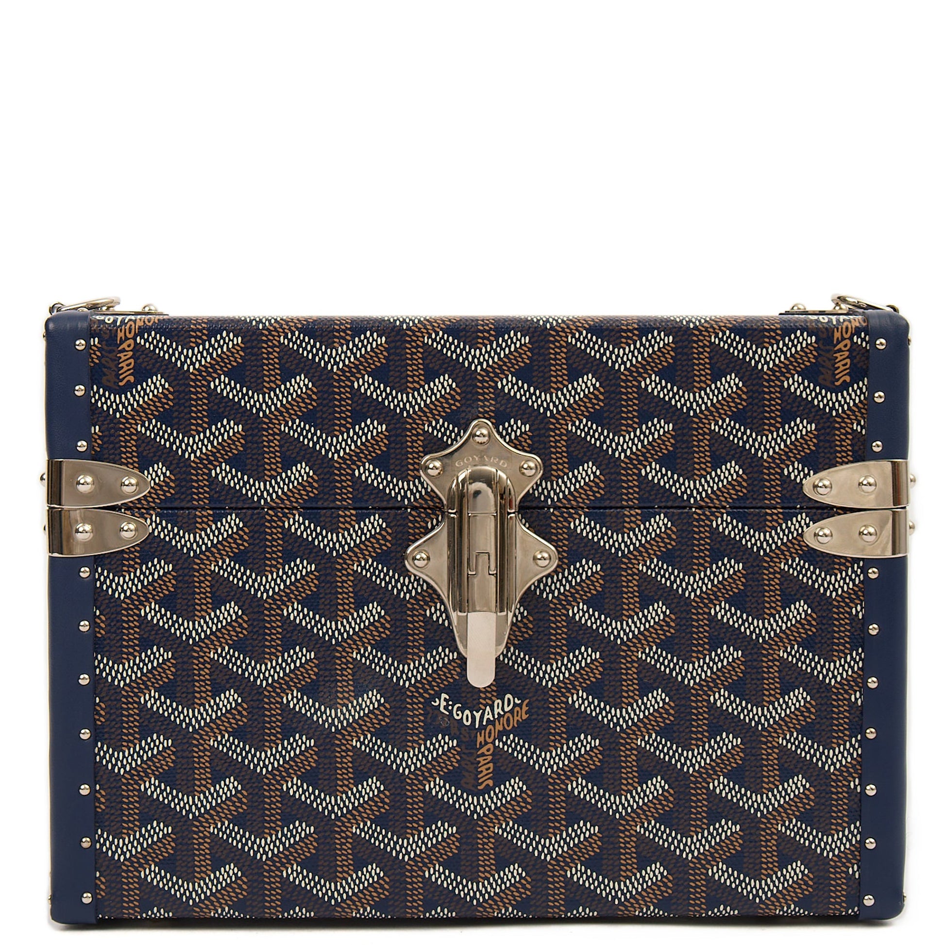 Goyard Cross Body Cassette Trunk in Navy, Leather — Front View