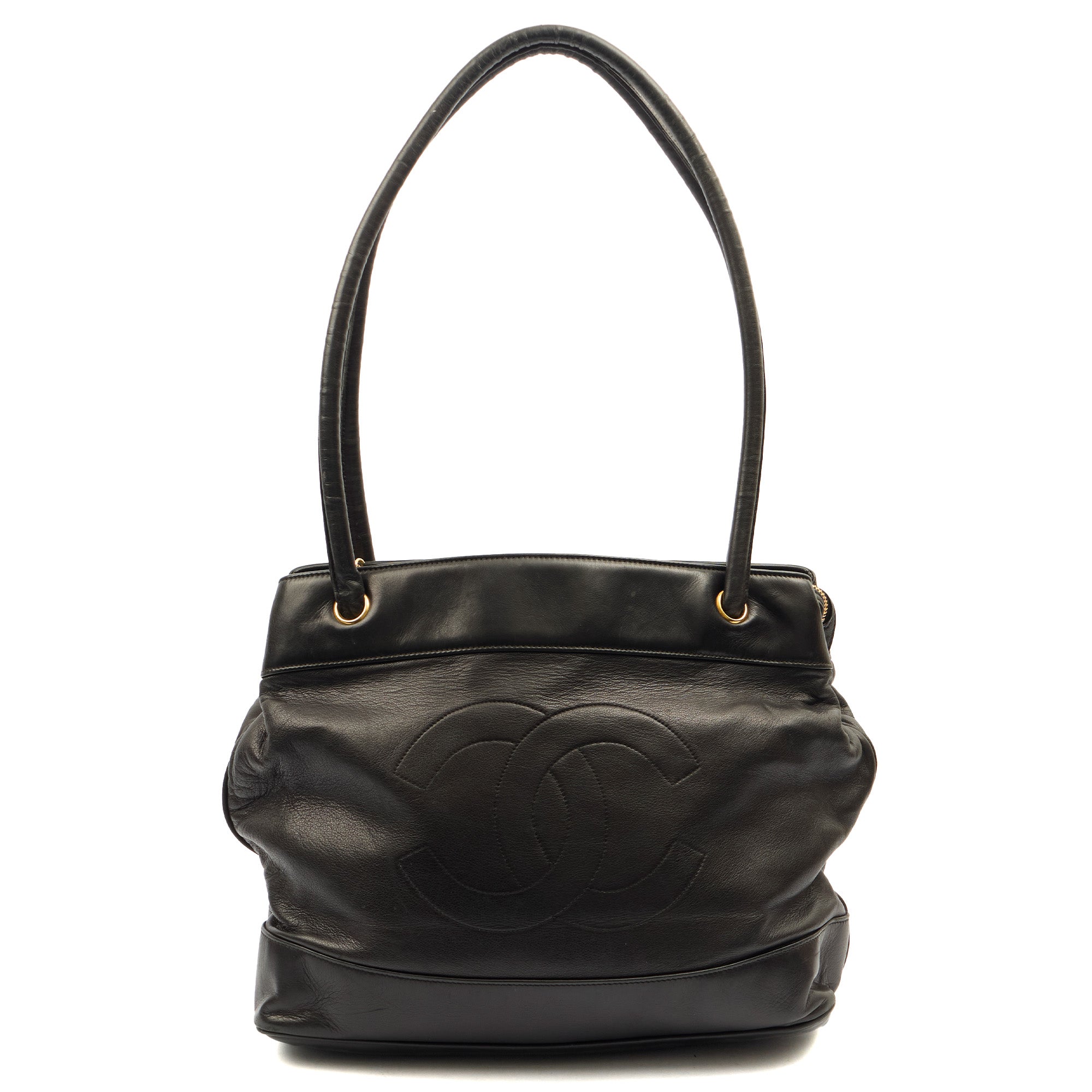 Chanel Tote Vintage Shoulder Bag in Black, Lambskin Leather — Front View