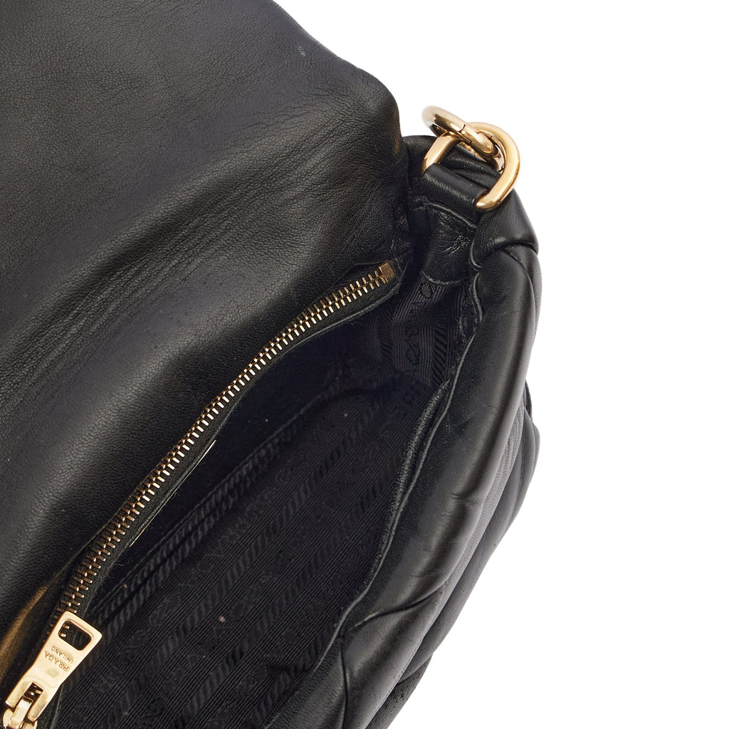 Prada Cross Body Padded Re-Nylon Shoulder Bag in Black, Leather — Detail View