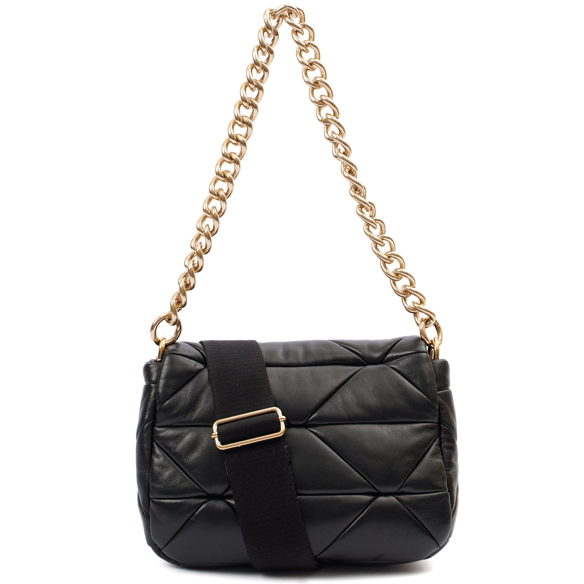 Prada Cross Body Padded Re-Nylon Shoulder Bag in Black, Leather — Back View