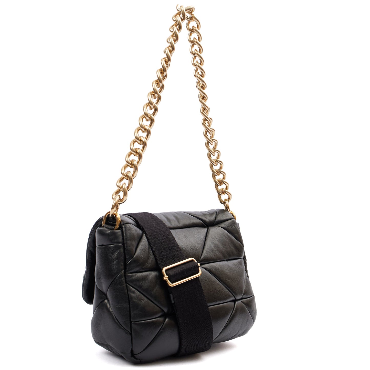 Prada Cross Body Padded Re-Nylon Shoulder Bag in Black, Leather — Side View