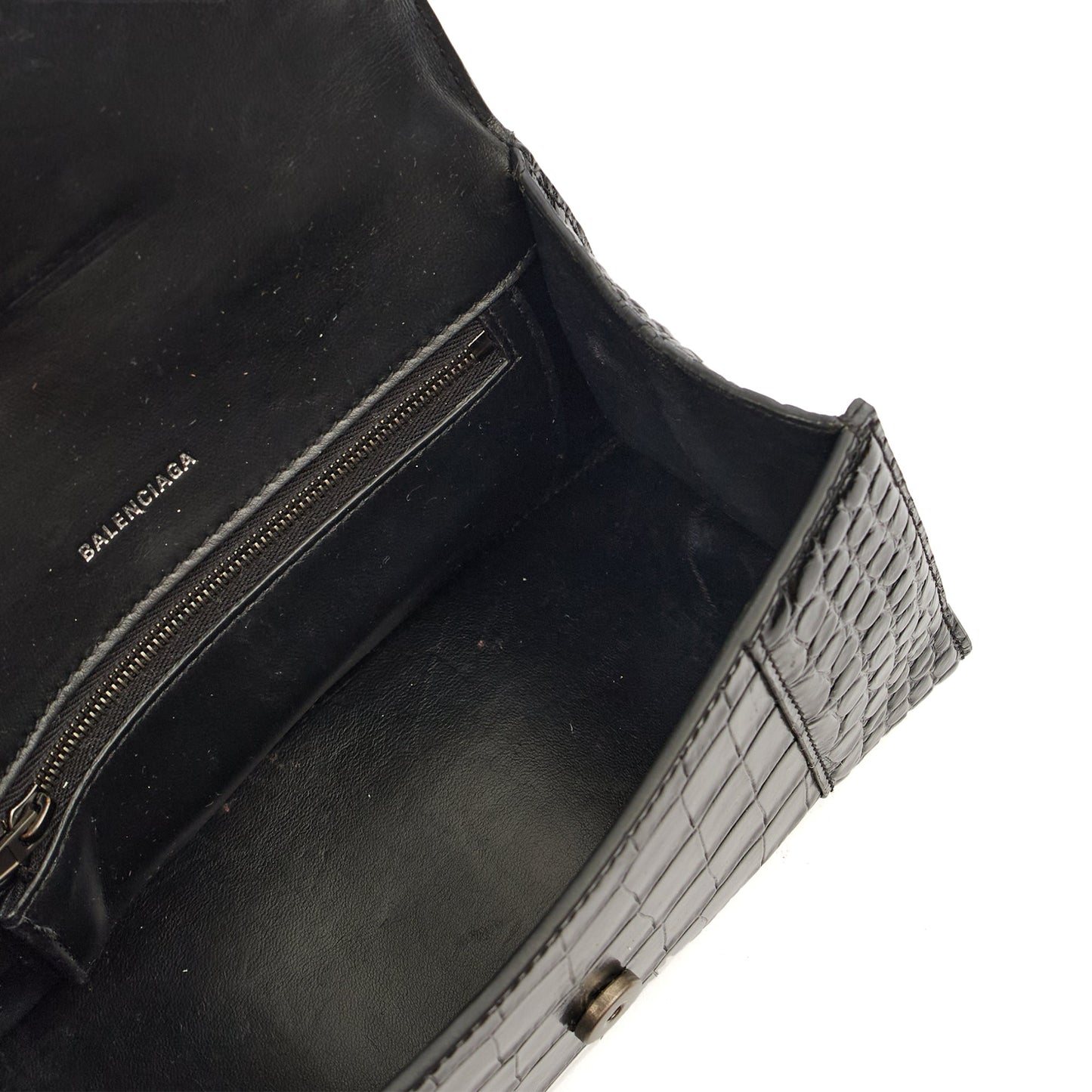 Balenciaga Top Handle Hourglass Top Handle Small in Black, Exotic Effect Leather — Detail View