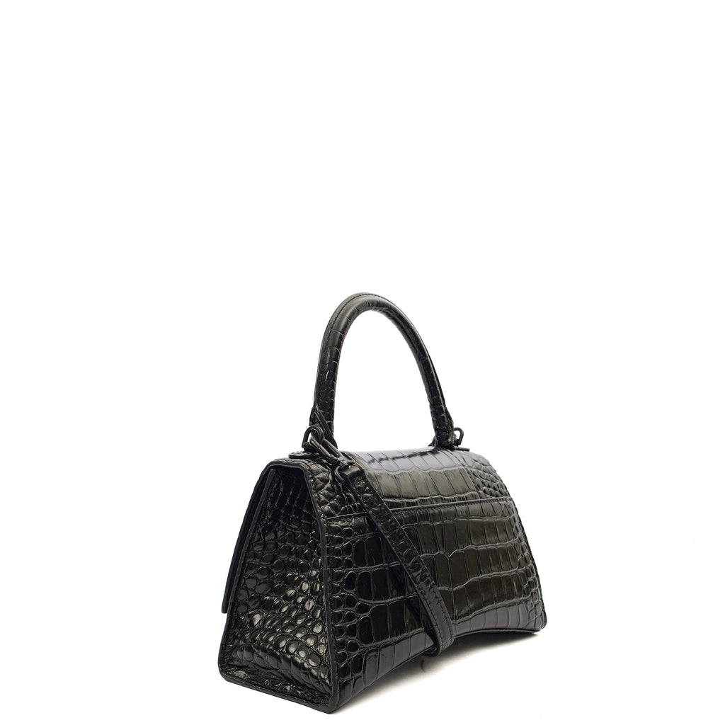Balenciaga Top Handle Hourglass Top Handle Small in Black, Exotic Effect Leather — Side View