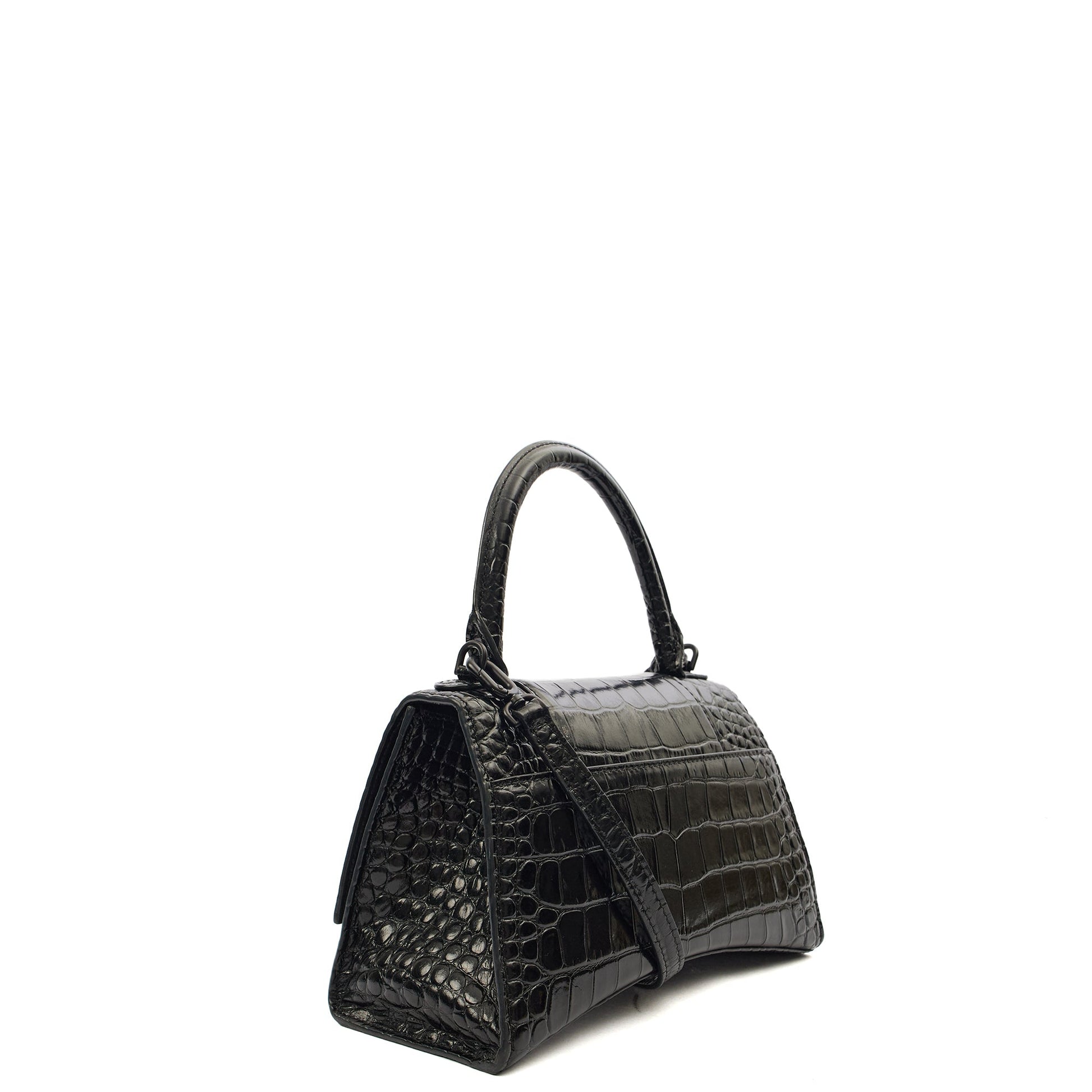 Balenciaga Top Handle Hourglass Top Handle Small in Black, Exotic Effect Leather — Side View