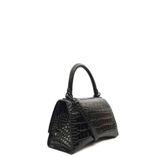 Balenciaga Top Handle Hourglass Top Handle Small in Black, Exotic Effect Leather — Side View