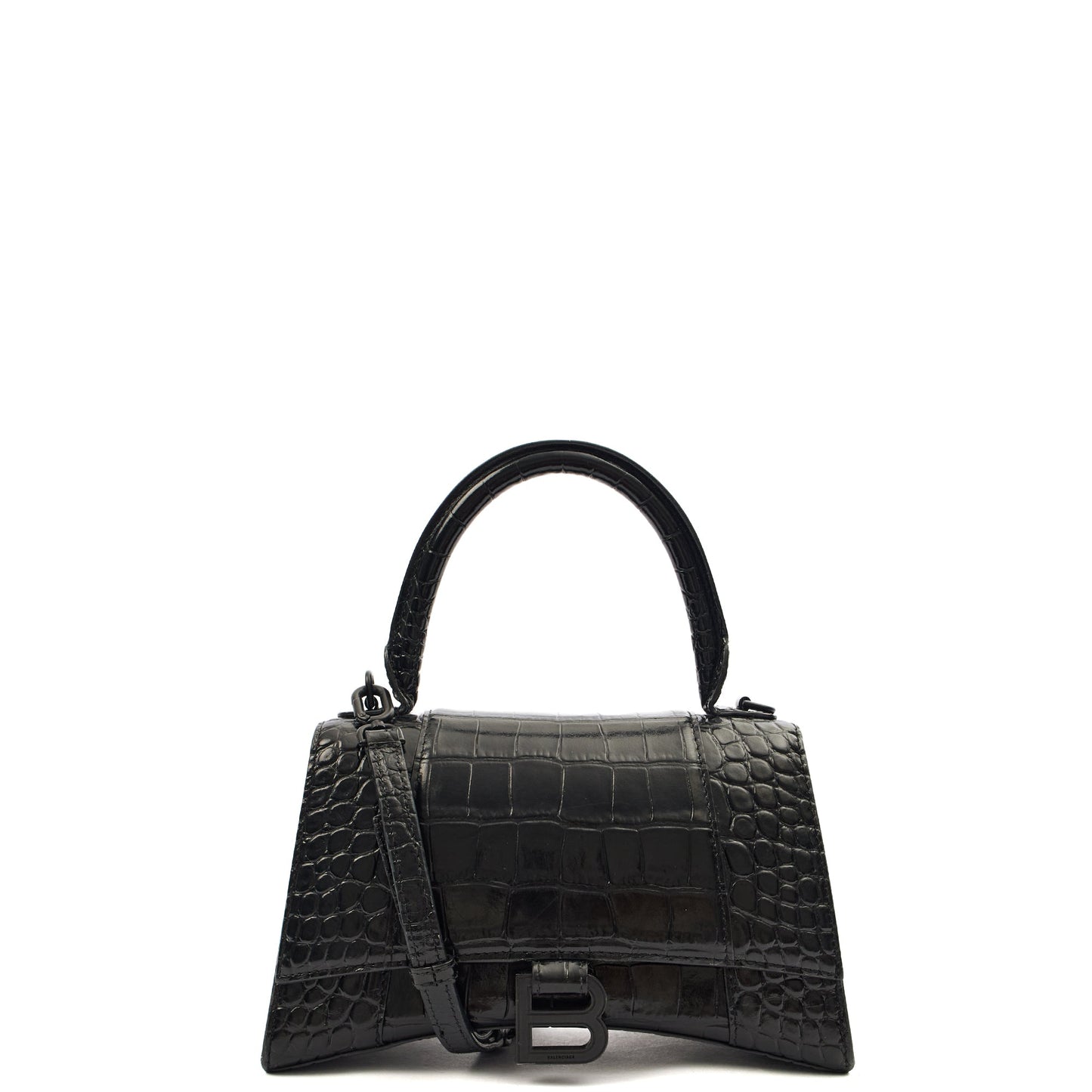 Balenciaga Top Handle Hourglass Top Handle Small in Black, Exotic Effect Leather — Front View