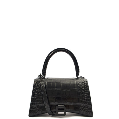 Balenciaga Top Handle Hourglass Top Handle Small in Black, Exotic Effect Leather — Front View