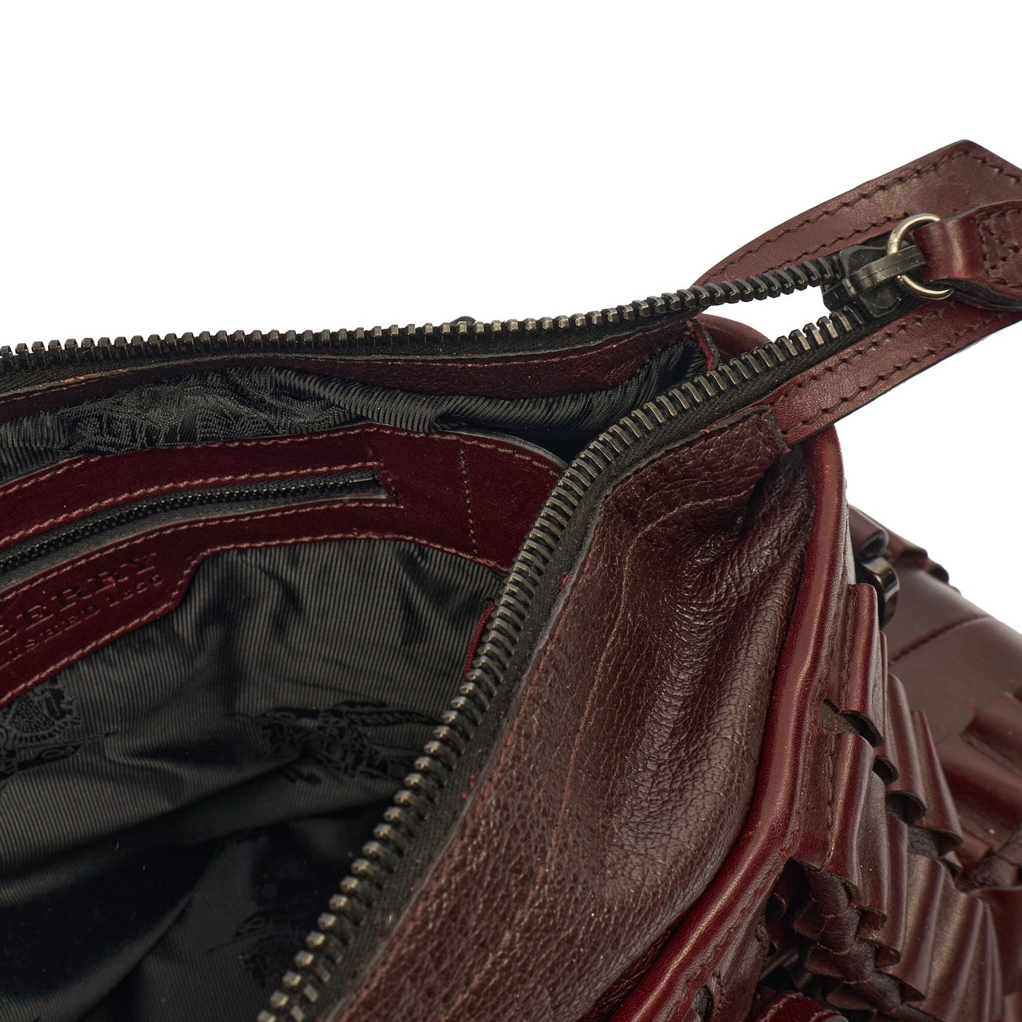 Burberry Tote Shoulder Bag in Burgandy, Leather — Lifestyle View
