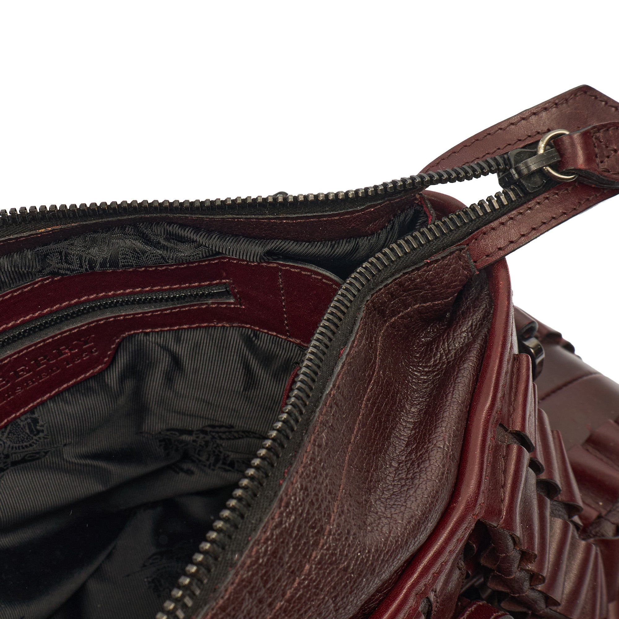 Burberry Tote Shoulder Bag in Burgandy, Leather — Lifestyle View