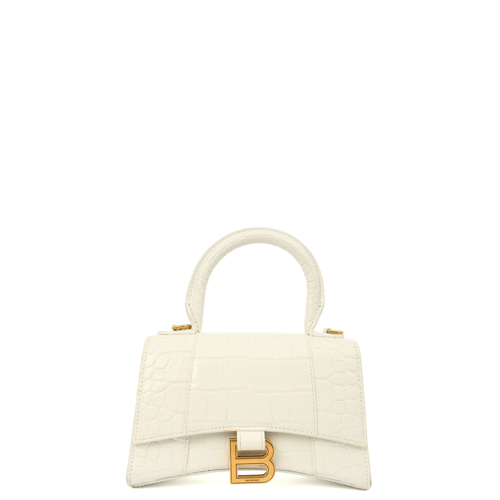 Balenciaga Top Handle Hourglass Top Handle XS in White, Exotic Effect Leather — Front View