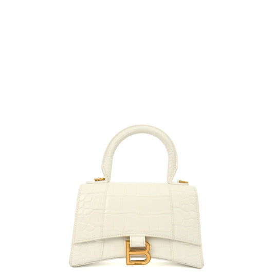 Balenciaga Top Handle Hourglass Top Handle XS in White, Exotic Effect Leather — Front View