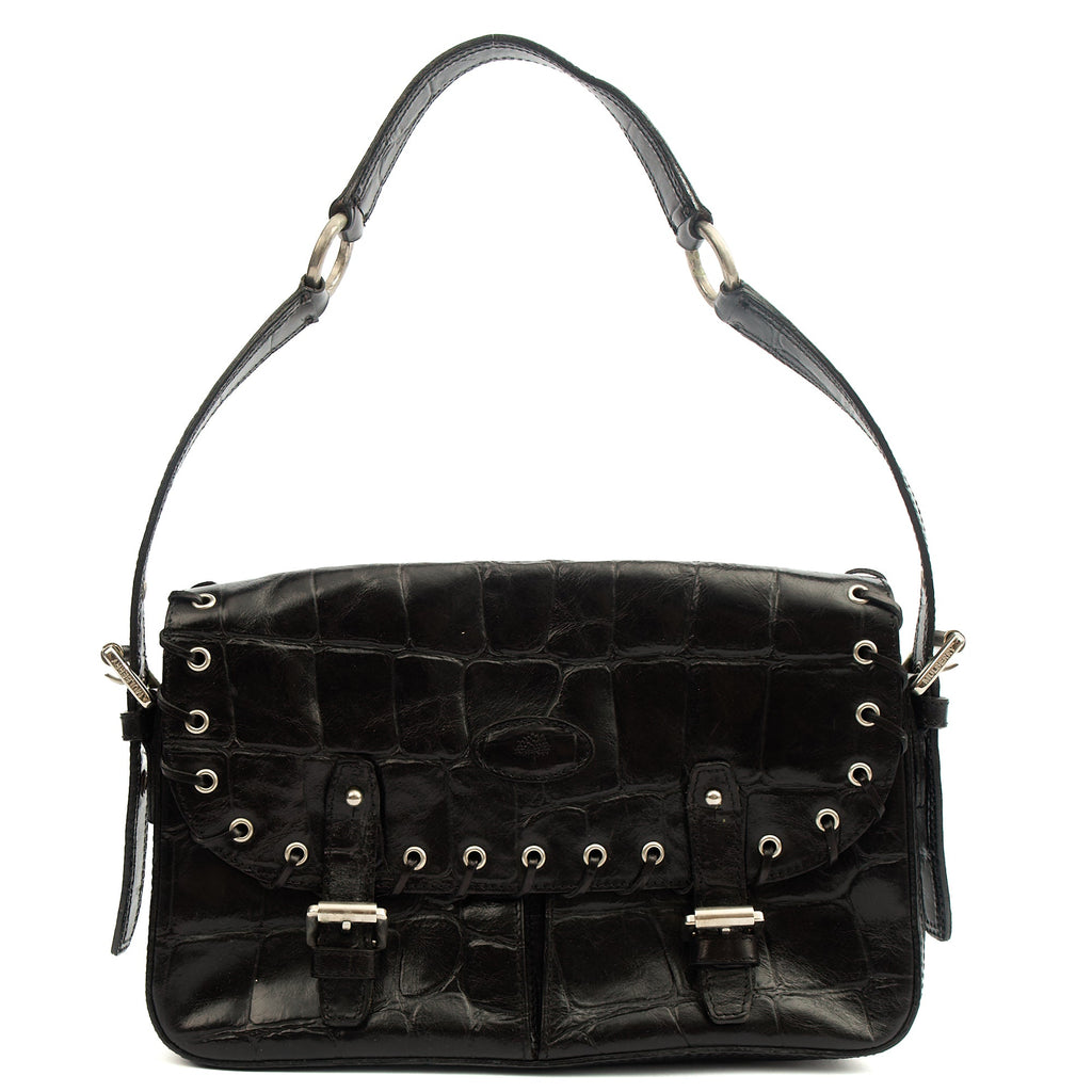 Mulberry Shoulder Bag Vintage Shoulder Bag in Black, Exotic Effect Leather — Front View