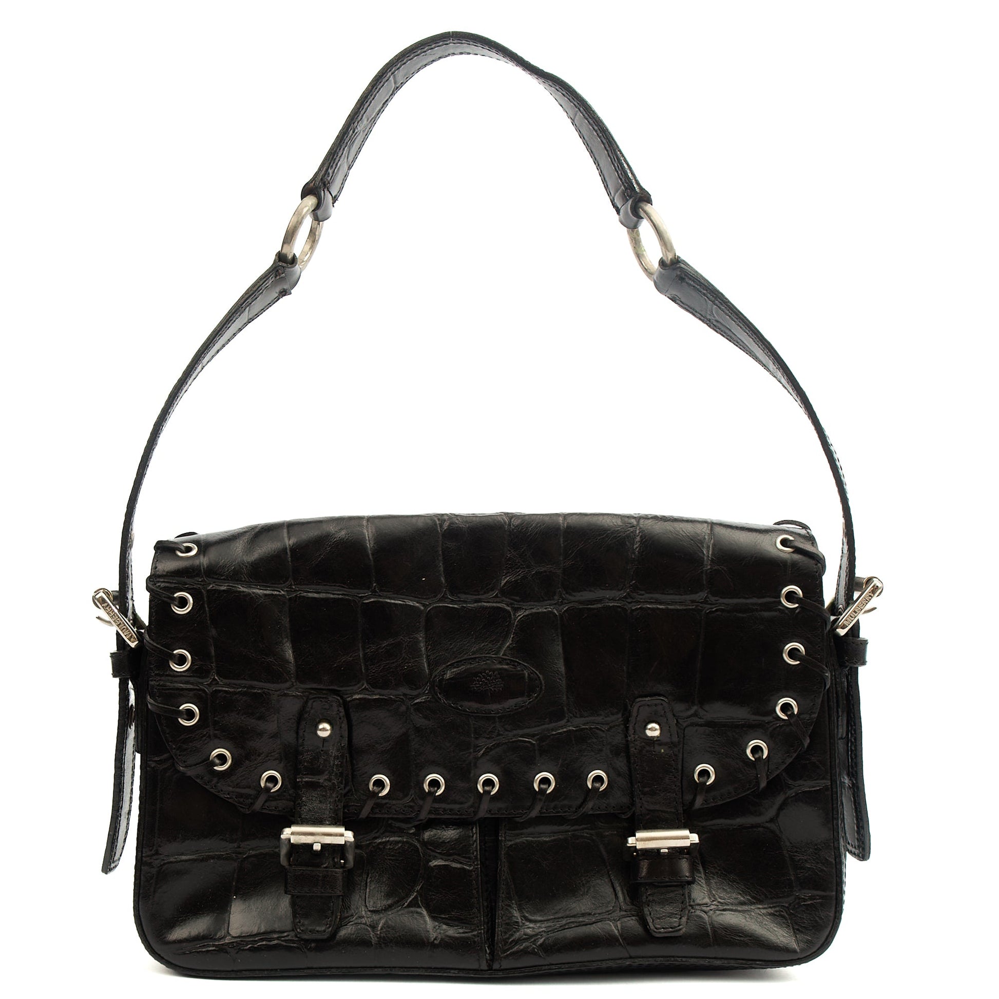 Mulberry Shoulder Bag Vintage Shoulder Bag in Black, Exotic Effect Leather — Front View