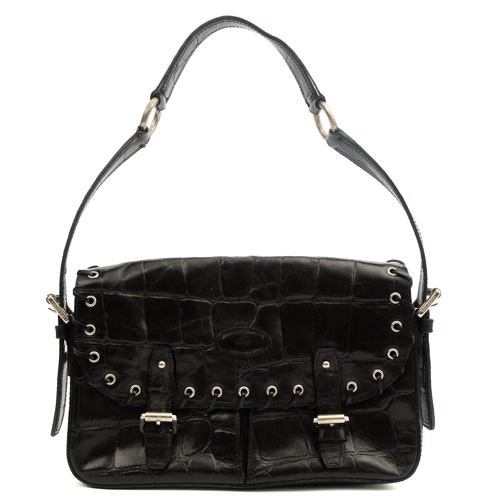 Mulberry Shoulder Bag Vintage Shoulder Bag in Black, Exotic Effect Leather — Front View
