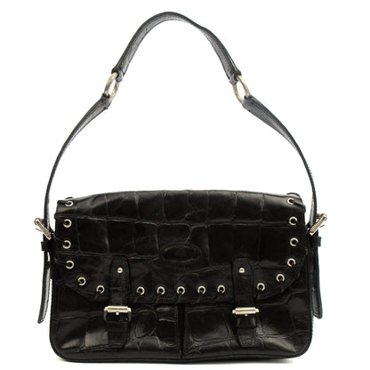 Mulberry Shoulder Bag Vintage Shoulder Bag in Black, Exotic Effect Leather — Front View