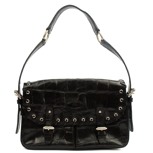 Mulberry Shoulder Bag Vintage Shoulder Bag in Black, Exotic Effect Leather — Front View