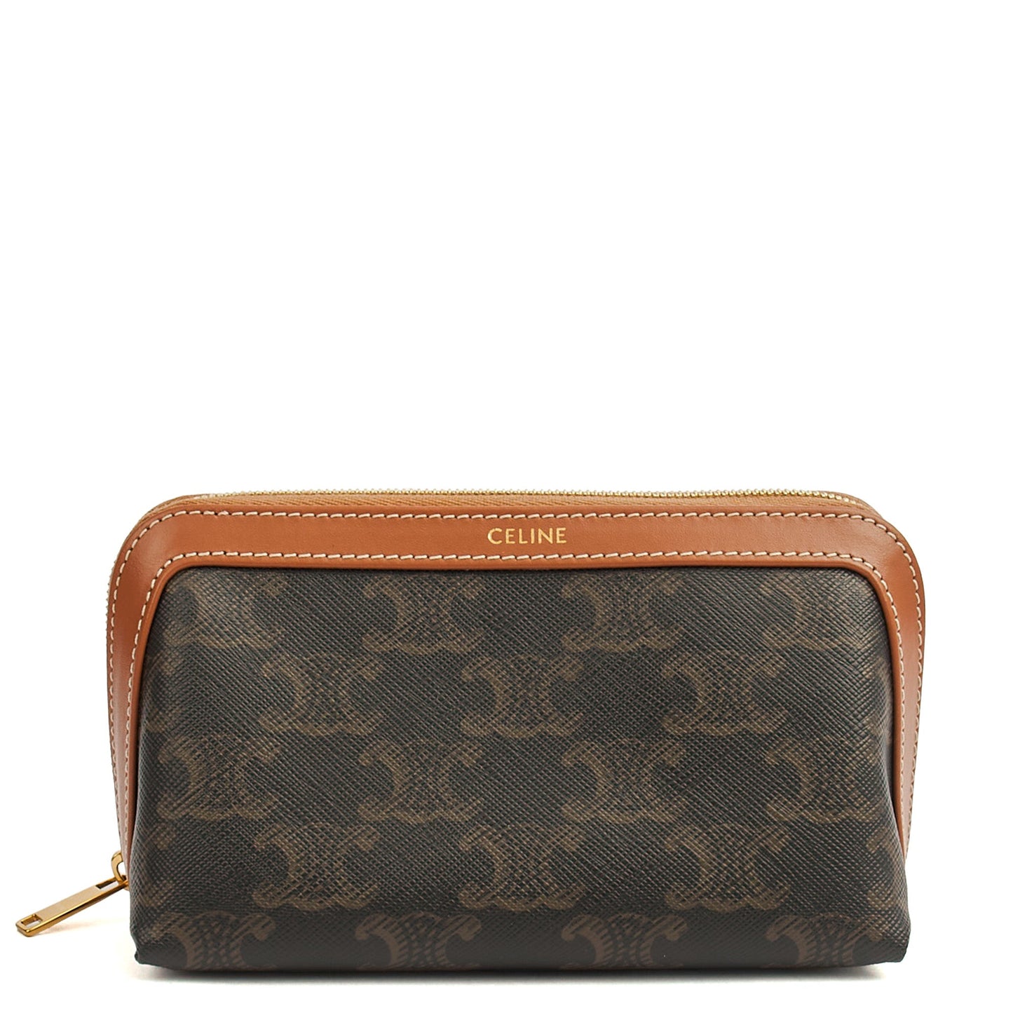 Celine Cosmetic Bag Zip Pouch in Brown, Box Calfskin — Front View